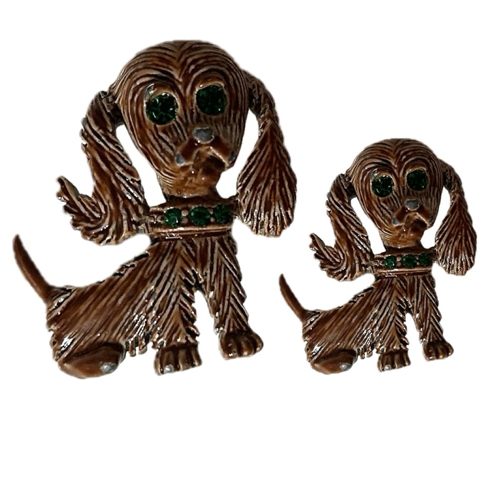 Vintage Gerry’s Poodle Dog Brown Mom & Baby w Green Rhinestone Eyes & Collar